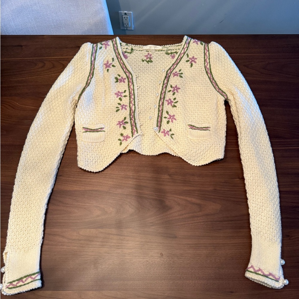 LoveShackFancy Cream Cropped Knit Cardigan with Pink & Green Embroidery